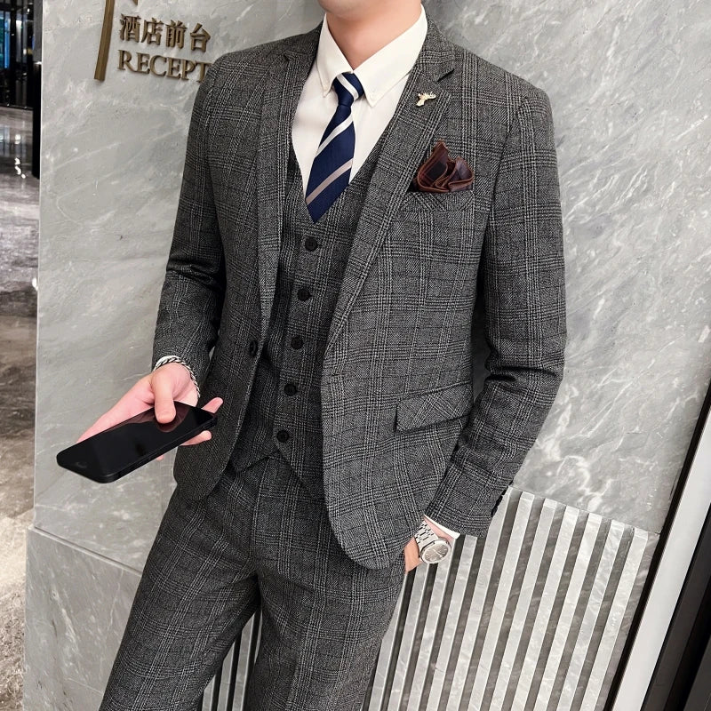 Men's British Three-piece Set Slim Fit Suit Vest Trousers Ensemble Handsome All-in-one