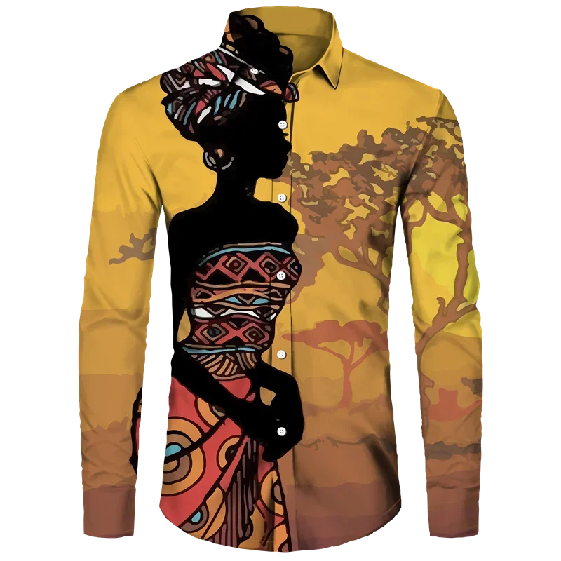 African Girl 3D Print Long Sleeve Button Shirts For Men Dashiki vintage Tops