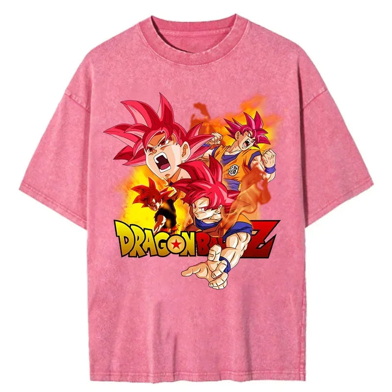Men Oversized Vintage T Shirt Dragon Ball Washed Cotton Pink Top
