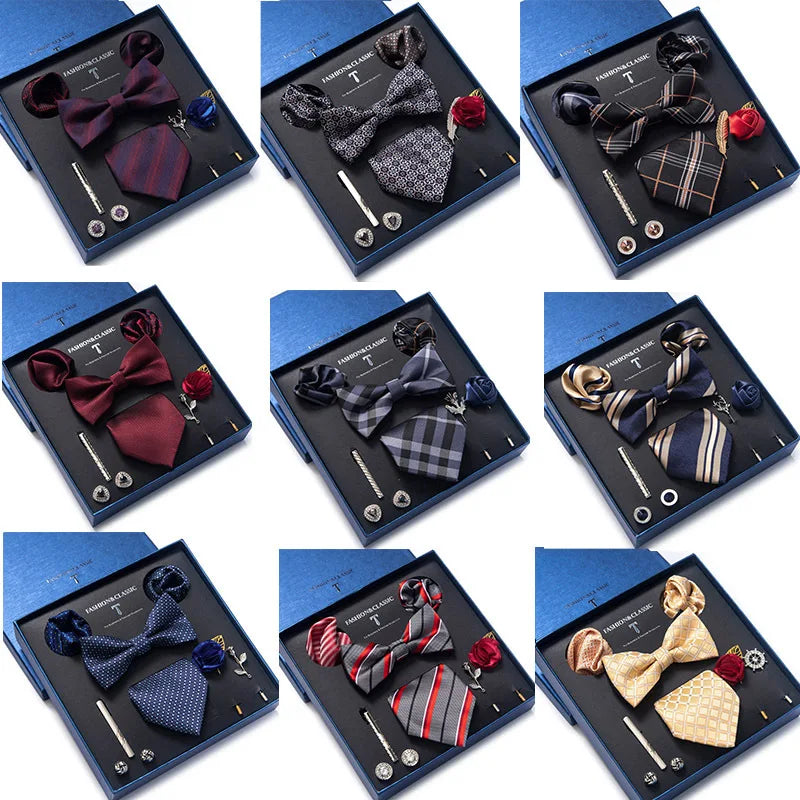 Silk Handkerchief Pocket Squares Cufflink Bow Tie Clip Necktie Set