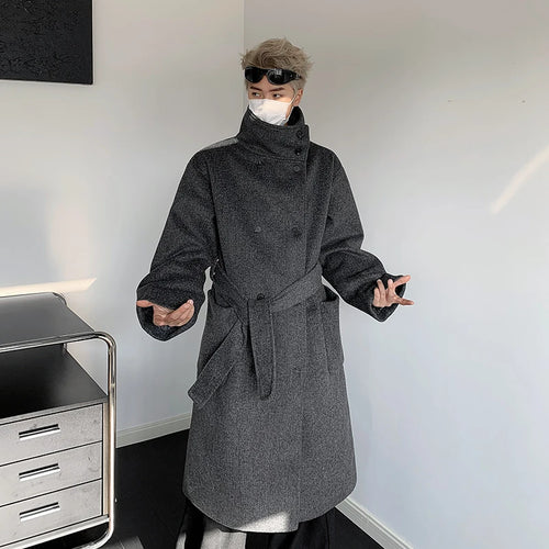 Men's Double-Breasted Wool Blend with Belt Loose Fit Solid Color Stand Collar Trench Coat