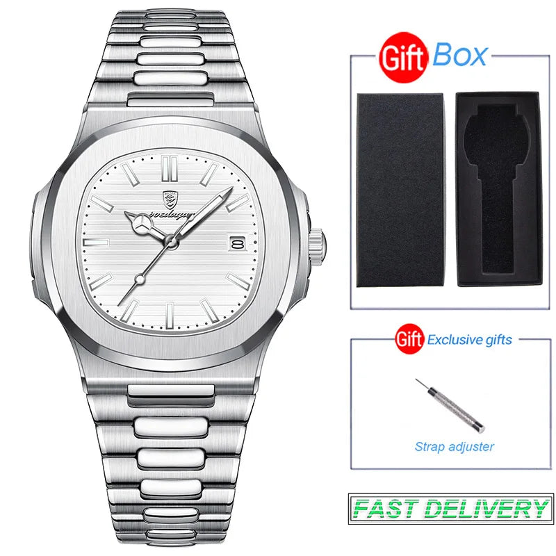 Stainless Steel Men Luxury Luminous Waterproof Square Calendar Quartz Wristwatches