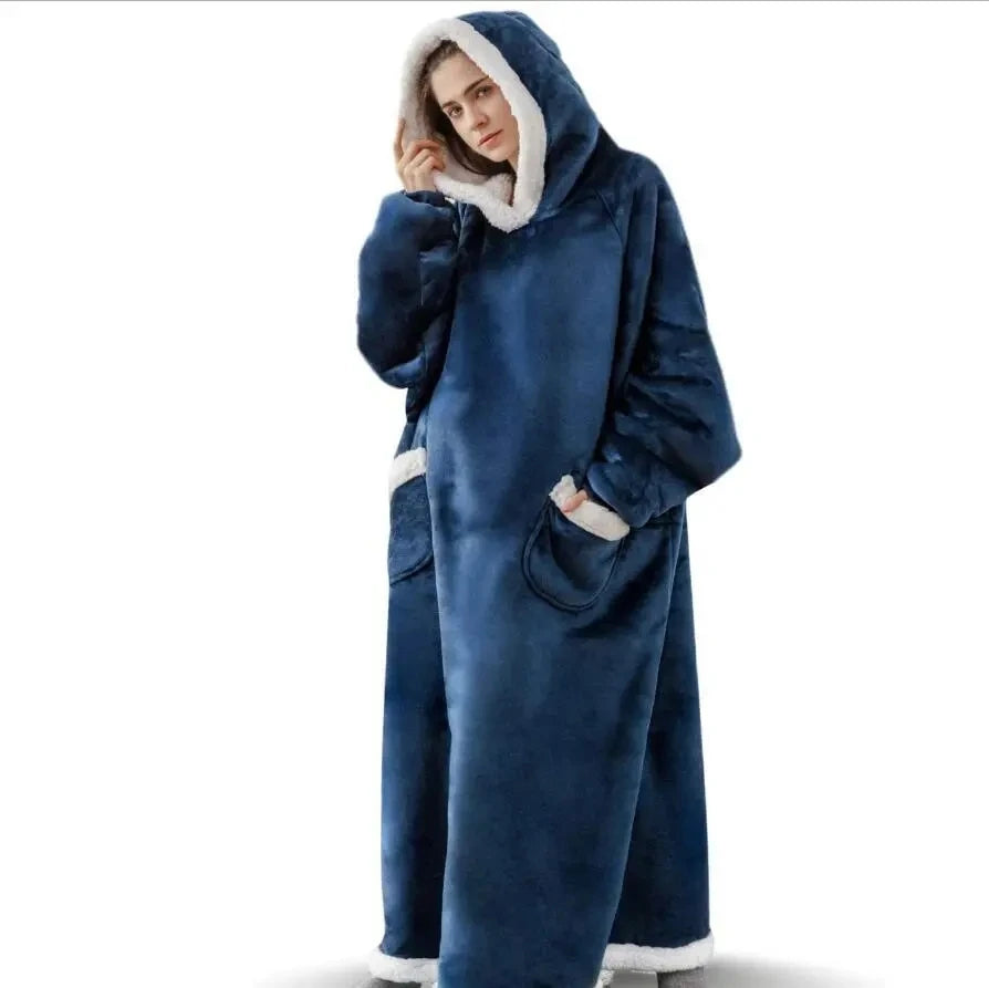 Super Long Flannel Blanket Pajamas with Sleeves Hoodies Unisex Pullover