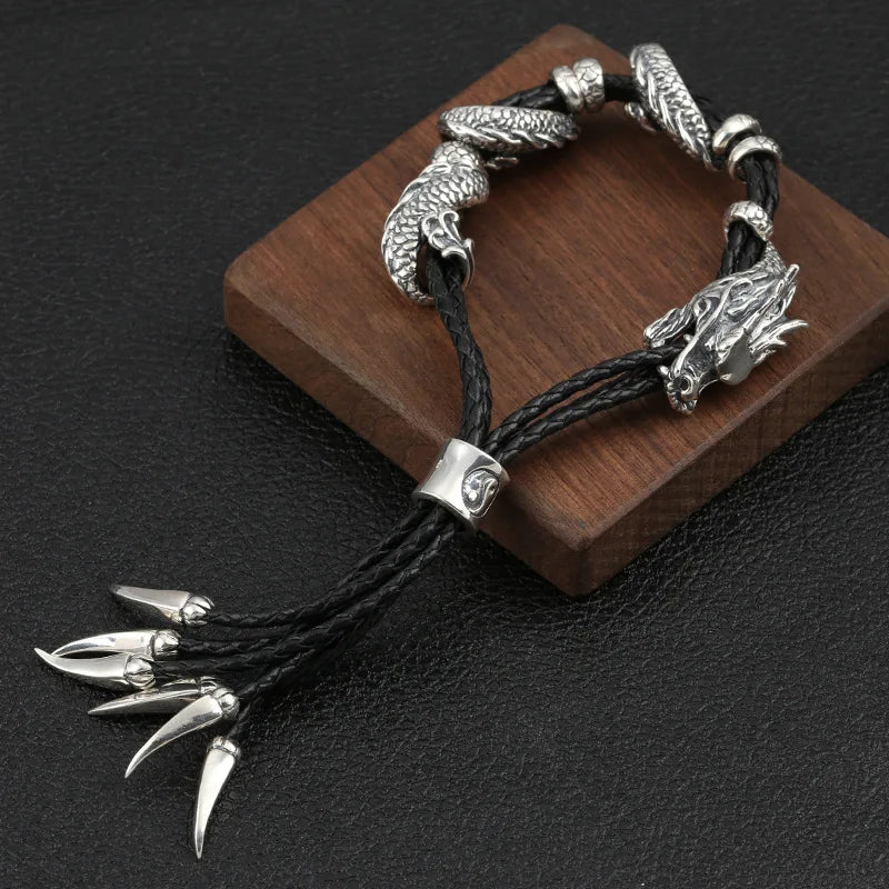S925 Sterling Silver Vintage Dragon Entangle Leather Rope Exquisite Jewelry Men's Bracelet