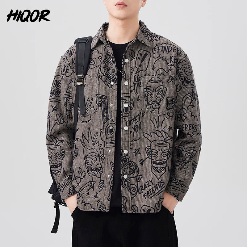 Men's Baggy Jacquard American Versatile Turn-down Collar Long Sleeve Trendy Coat