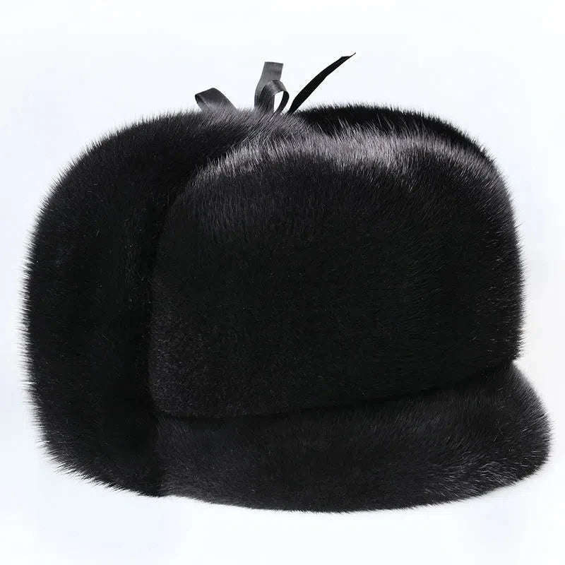 Thickened Genuine Mink Fur Bomber Hat For Man Russian Caps