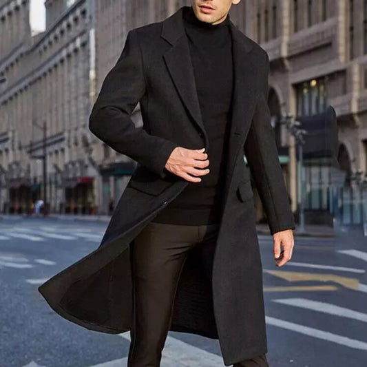 Mens Solid Long Sleeve Woolen Fleece Overcoat