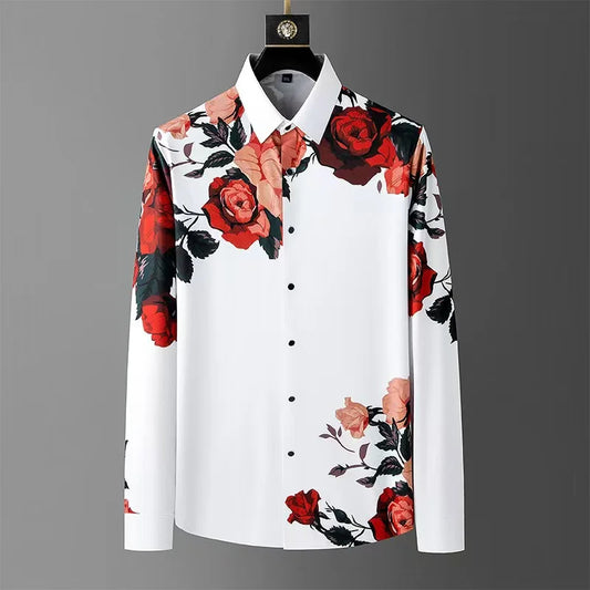 Men's Retro Printed Long Sleeve Spring Printed Collar Shirt Street Simple
