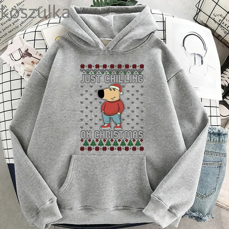 Just a on Chill Guy Christmas Men Oversized Sweatshirt Pullover Hooded Streetwear