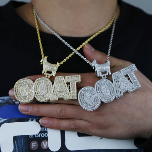 Iced Out Bling CZ Letter Goat Pendant Necklace Badge Men Hip Hop Jewelry