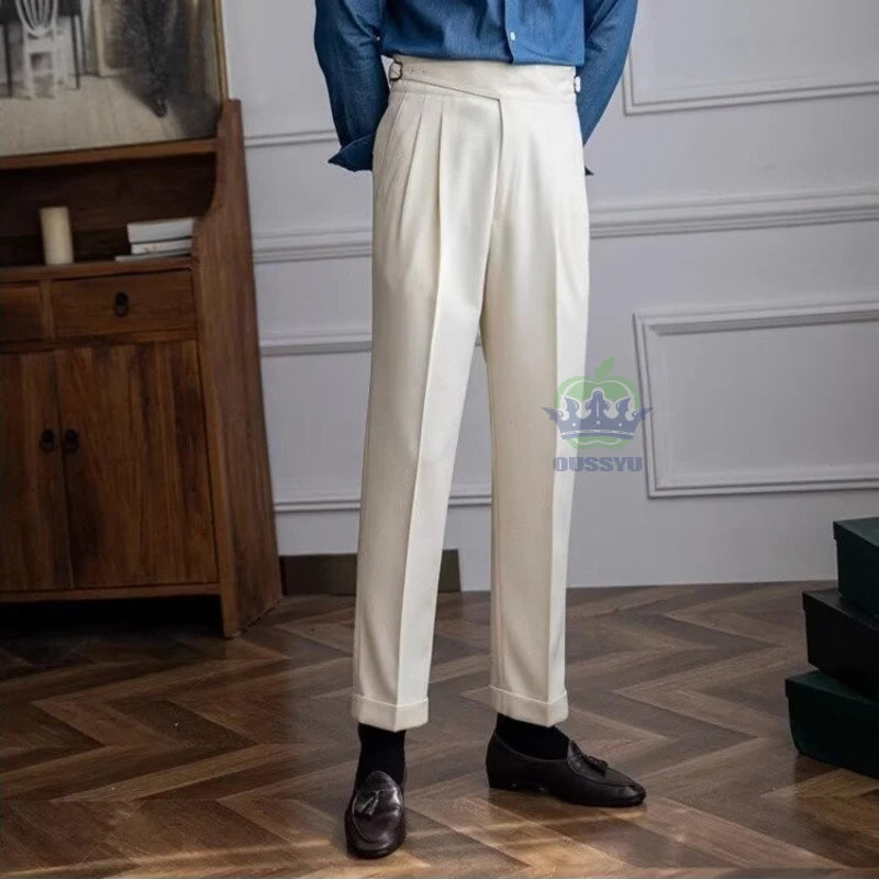 Italian Naples Style Men's Suit Pants High Waisted Straight Fit Formal Trousers