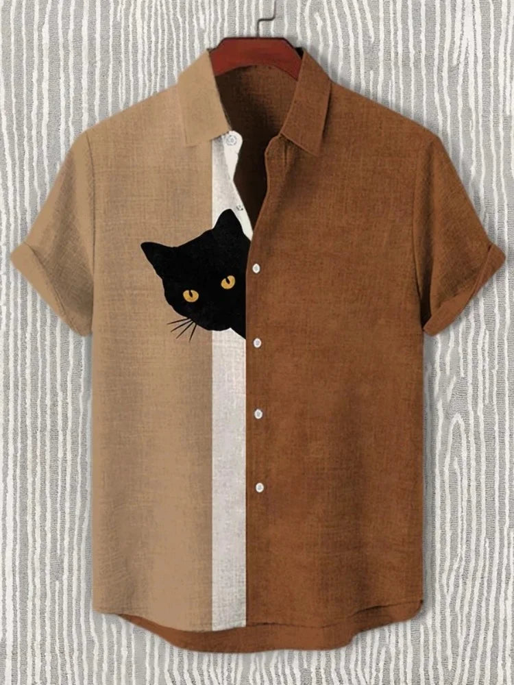 Men's Harajuku Japanese Men Fun Hide And Seek Black Cat Print 3D Printing Blouse