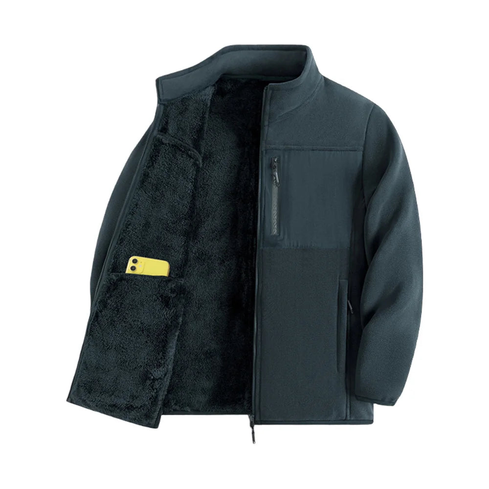 Thickened Thermal Basic Fleece Stand Collar Patchwork Design  Jacket