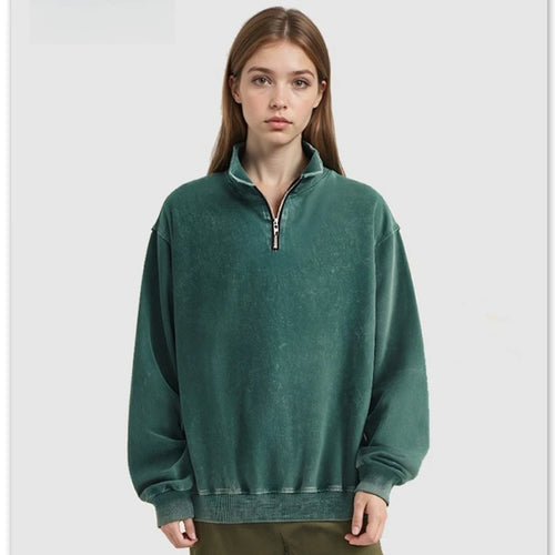Inspired Streetwear Cotton Vintage Washed Half - Zip Stand Collar Unisex Sweatshirt