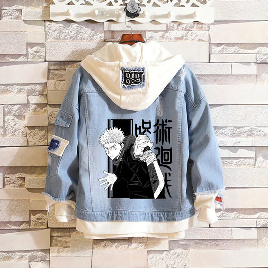 Jujutsu Kaisen Men Jacket Print Patchwork Denim Hooded Outwear Coat