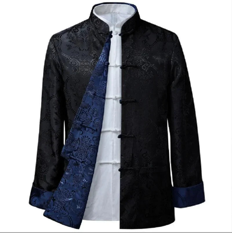 Men Chinese Satin Silk Tang Suit Double Faced Long Sleeve Jackets Size S-3XL