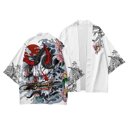 Men Demon Dragon Pattern Printed Kimono Cardigan Japanese Traditional Cloak
