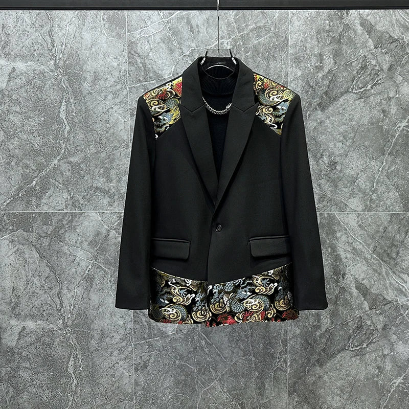 Embroidery Splicing Male Long Sleeve Trendy Men's Blazers Loose-Fitting Jacket