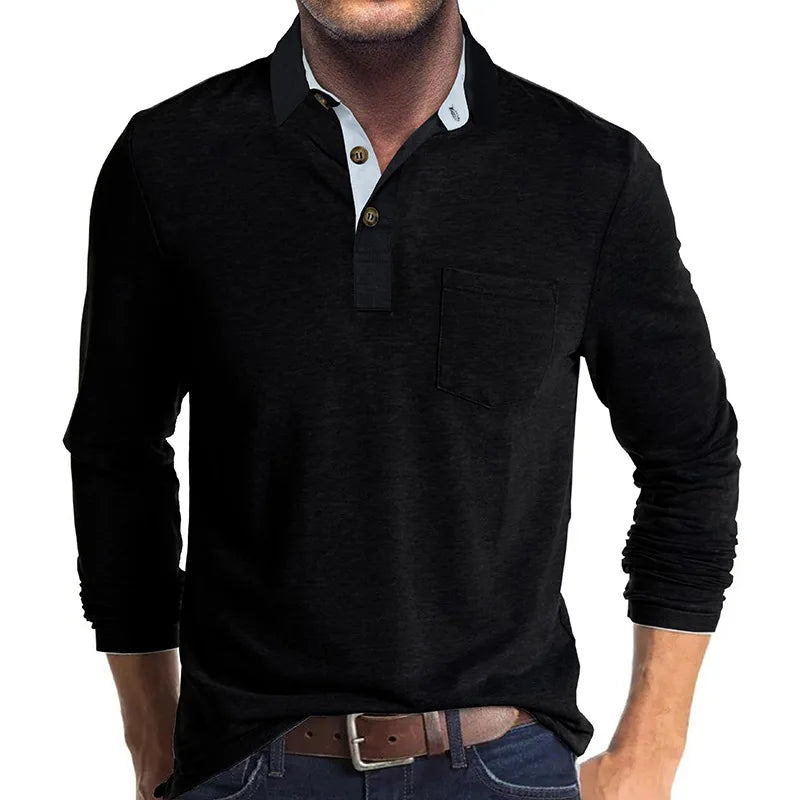 Men's Long Sleeve Casual Solid Lapel Button Up Turn Down Collar Polo Shirt