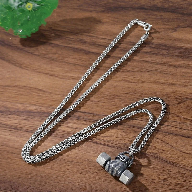 925 Sterling Silver Vintage Fist Dumbbell Necklace Pendant For Women Men Fine Jewelry