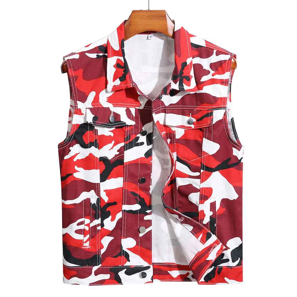 Men Camouflage Denim Vest Causal Loose Cotton Coat Streetwear Outerwear