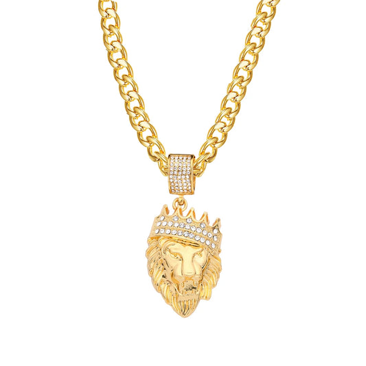 Stainless Steel Crown Lion Head Pendant Gold Color for Men