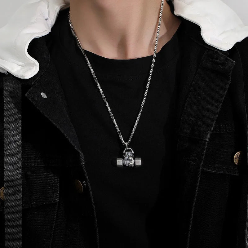 925 Sterling Silver Vintage Fist Dumbbell Necklace Pendant For Women Men Fine Jewelry