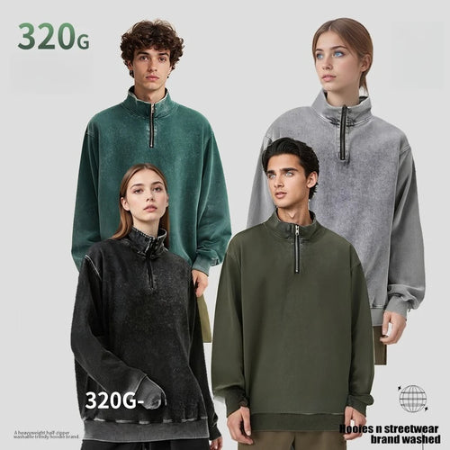 Inspired Streetwear Cotton Vintage Washed Half - Zip Stand Collar Unisex Sweatshirt