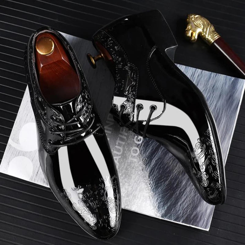 Men Dress Shoes Lace Up Formal Black PU Leather Brogue Oxfords