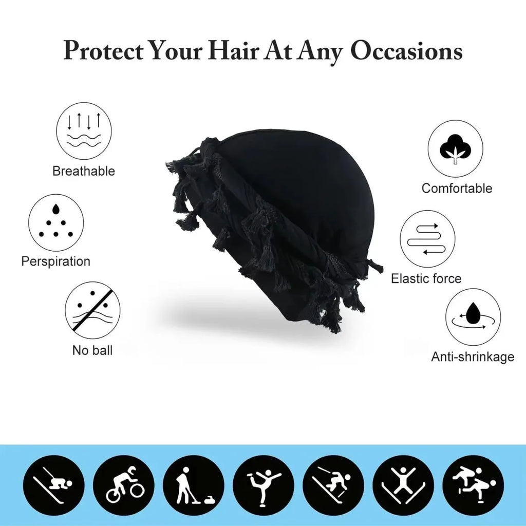 Men Burr Trim Twisted Tail Fringe Turban Solid Color Kerchief Beanies
