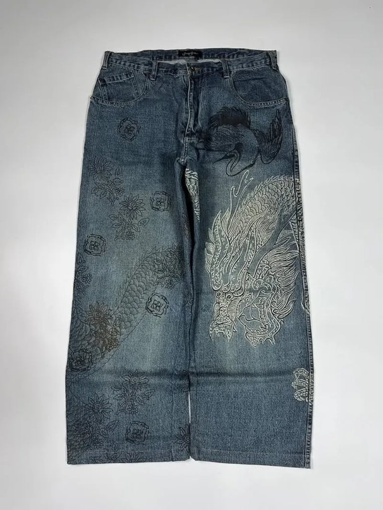 Dragon Print Men's Baggy Fit Jeans High Street  Casual Trendy Streetwear