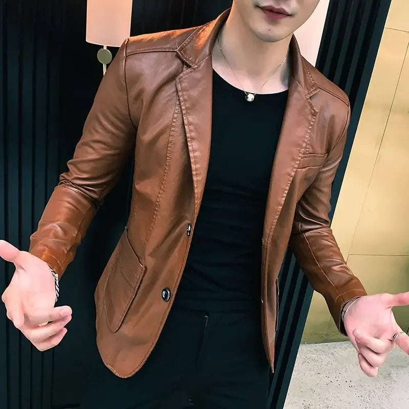 Korean Style Leather Blazer Single Breasted Men's Suit Designer Jackets