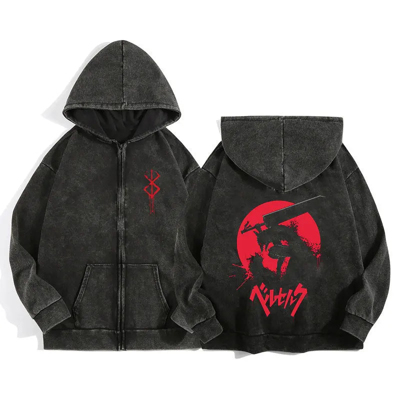 Berserk Wash Zip Up Retro Graphic Hooded Sweatshirt Cotton Unisex Hoodie