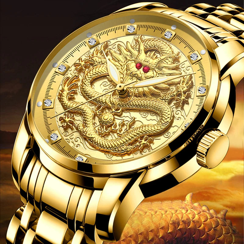 Men's Golden Luxury Watch Waterproof Stainless Steel Dragon Clock