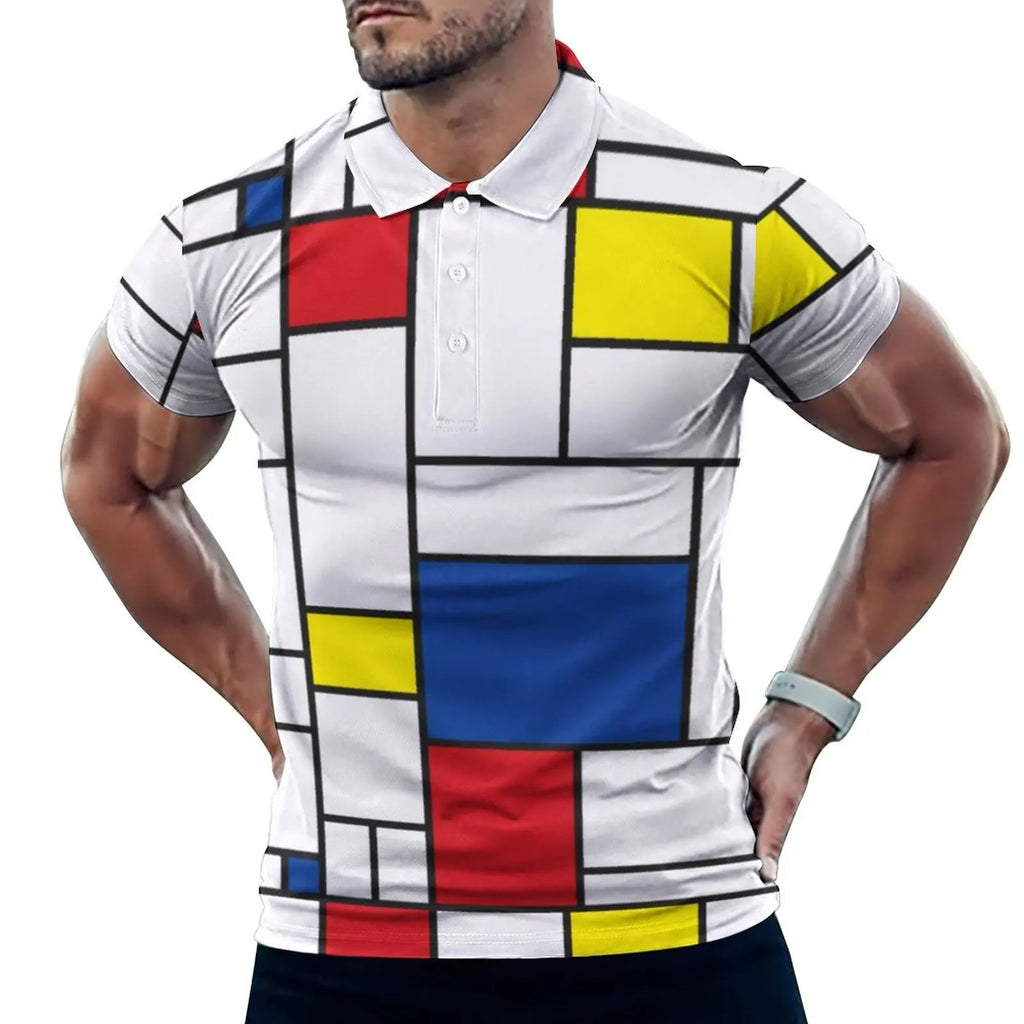 Multi Geometric Print Polo Mondrian Style Streetwear T-Shirts Collar Oversized Clothing