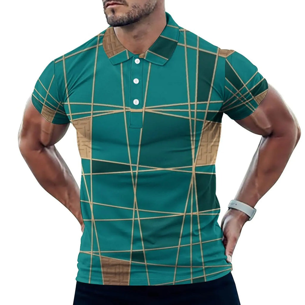 Multi Geometric Print Polo Mondrian Style Streetwear T-Shirts Collar Oversized Clothing