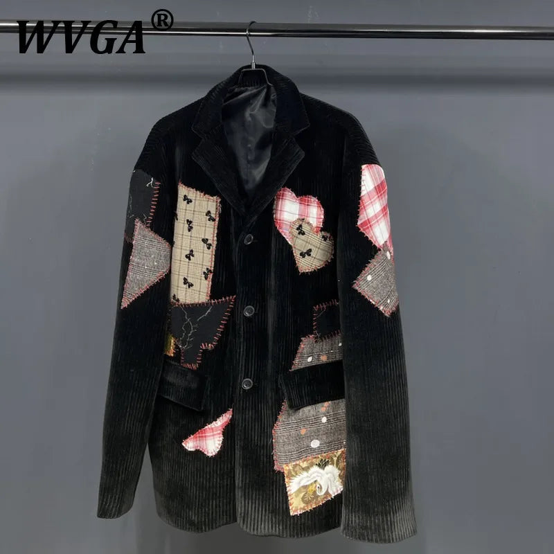 Man Tide Corduroy Patchwork Design Large Long Sleeve Suit-Coats Niche Chic Blazer