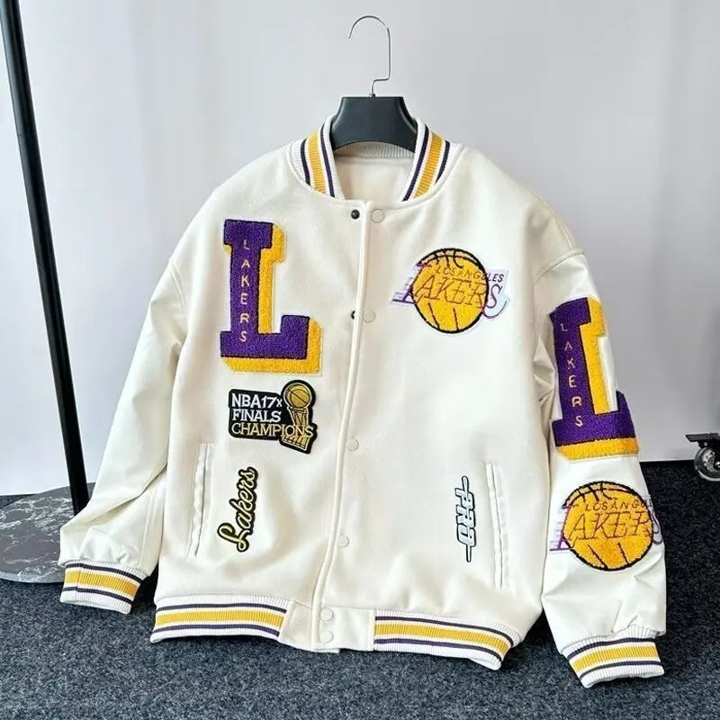 Men's LA Lakers print Jacket Loose Fit Patchwork Casual Jacket