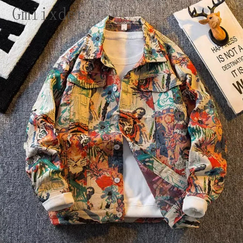 Tiger Jacquard Denim Men's Korean Style Trendy Casual Jacket Aesthetic
