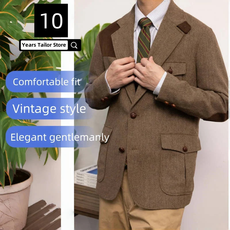 Men's Blazer Herringbone Tweed Jacket Thick Formal Vintage Style Jacket