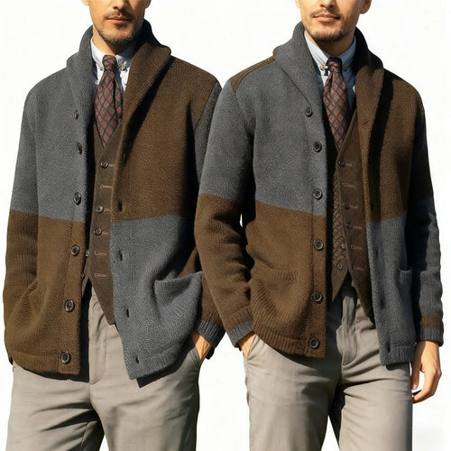 Men's Color Block Knit Cardigan, Button Front Open Sweater, Loose Fit Casual No Hood
