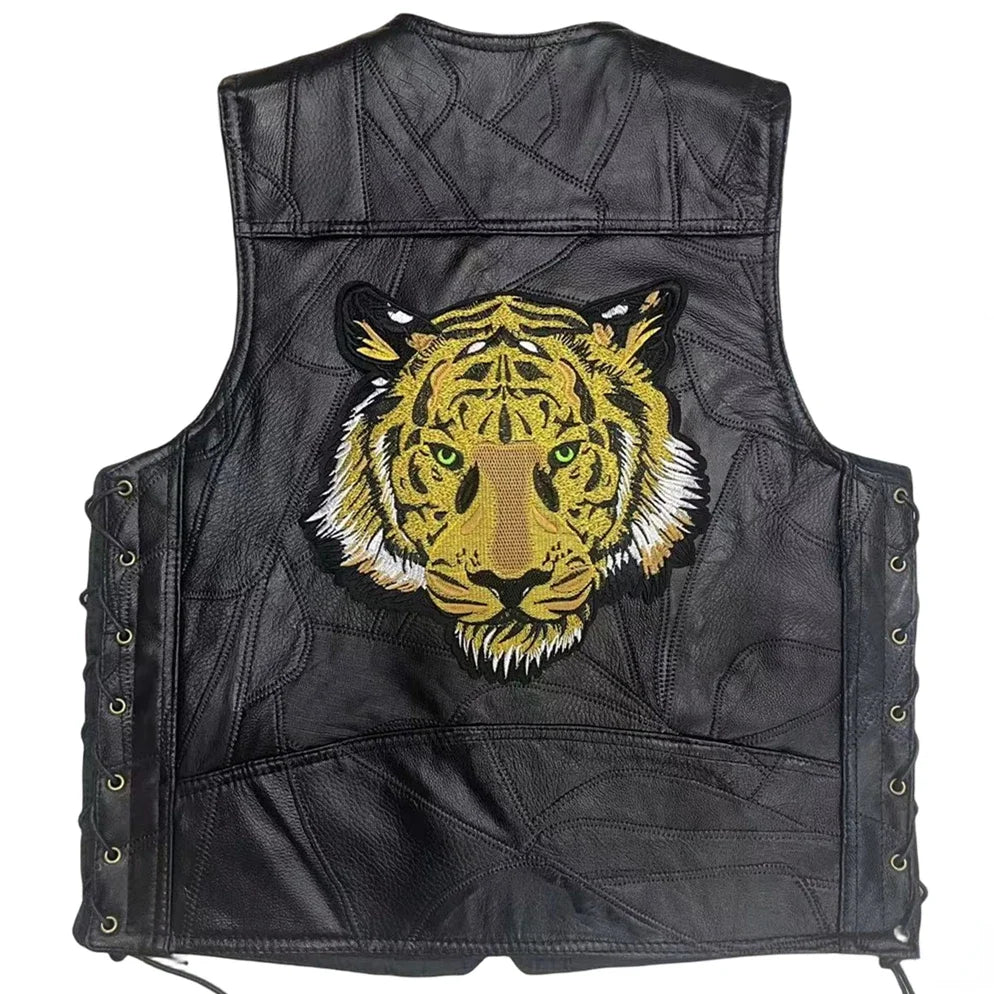 Motorcycle Leather Embroidery Jacket Waistcoat Street Fashion Biker Vest for Man