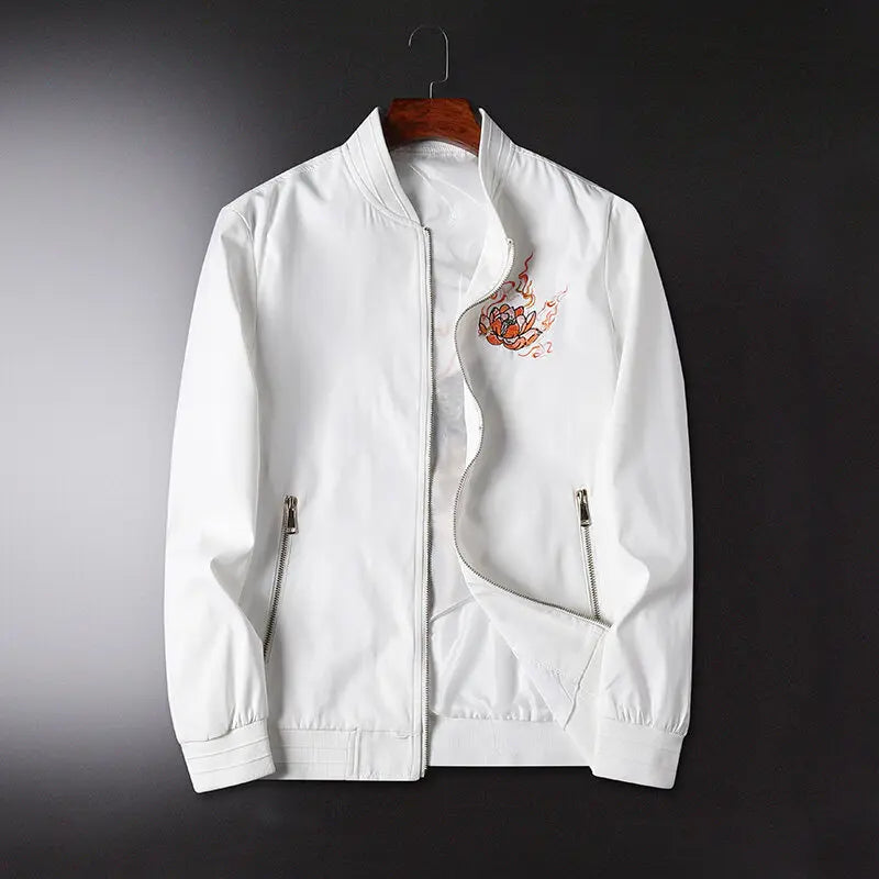 Chinese Men's Embroidered Stand Neck Zipper Jacket Solid Color Long Sleeve Coat