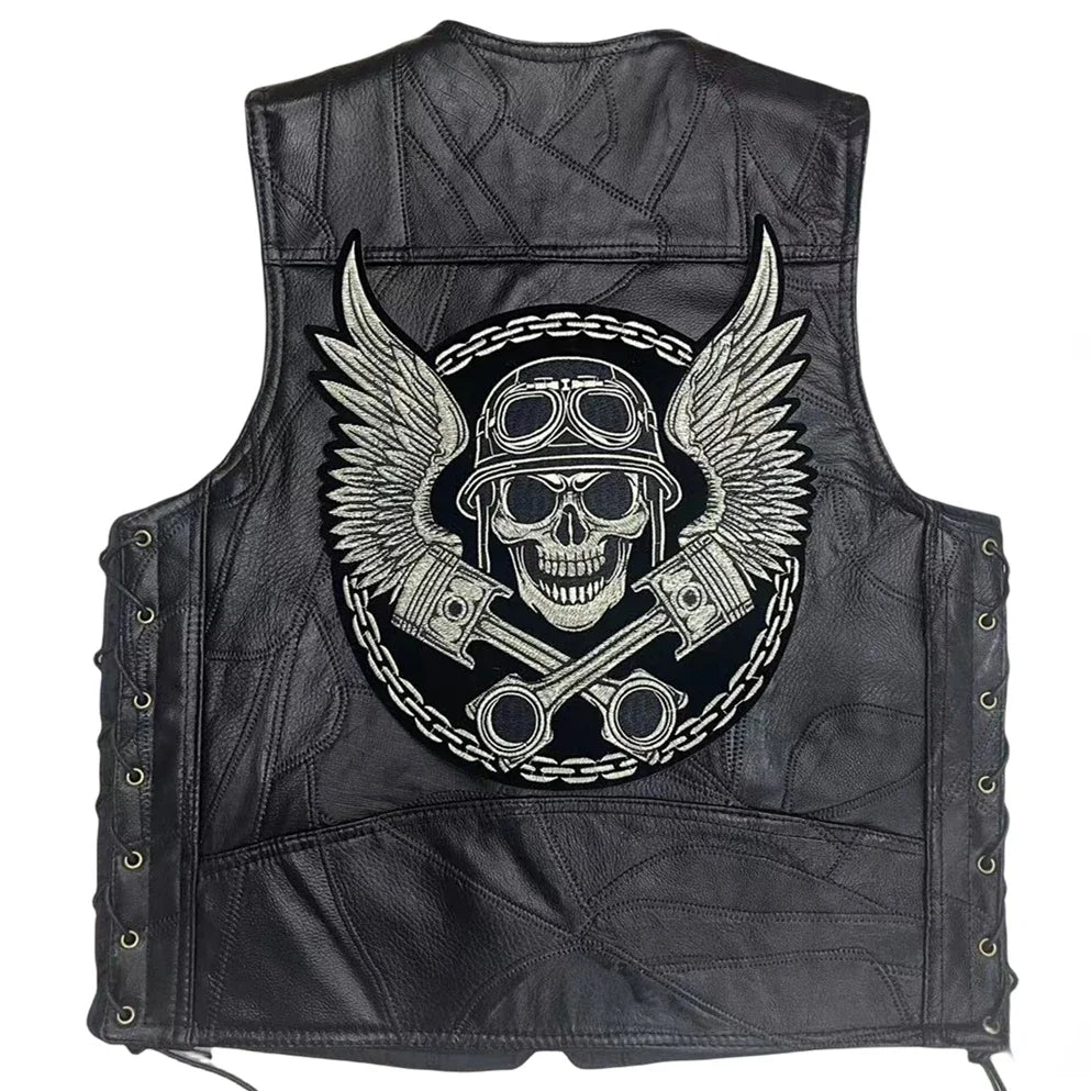 Motorcycle Leather Embroidery Jacket Waistcoat Street Fashion Biker Vest for Man