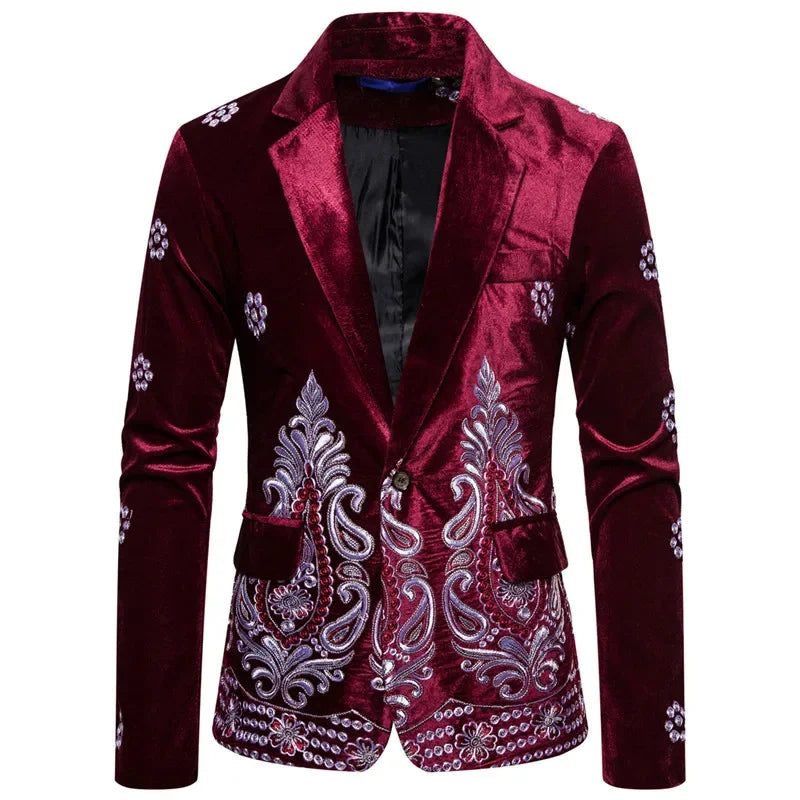 Floral Embroidery Luxury Velvet Formal Slim Fit Single Button Men's Suit Jacket