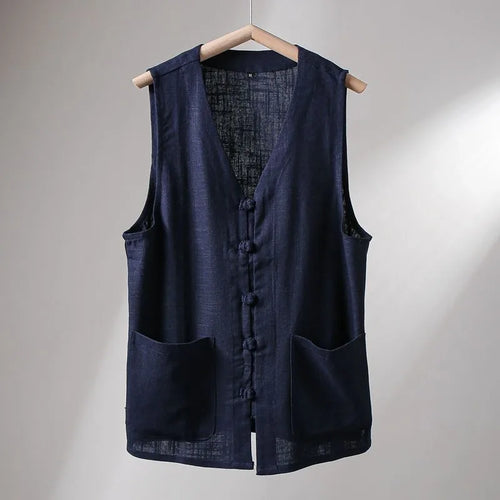 Men's Cotton Linen Breathable Chinese Retro Button Loose Vest Men Waistcoat
