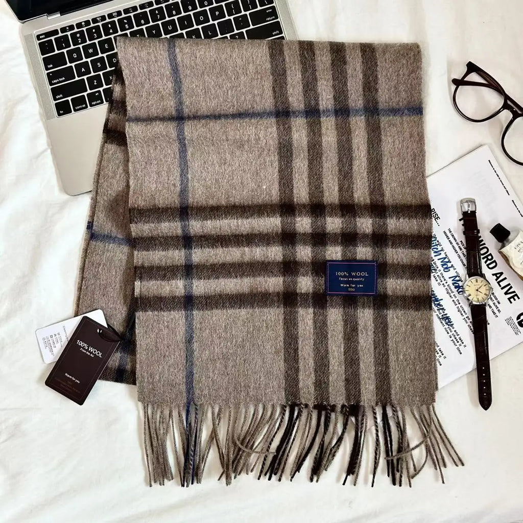 Men 100% Wool Plaid Muffler Cashmere Windproof Stripe Tassel Shaw Thick Scarf