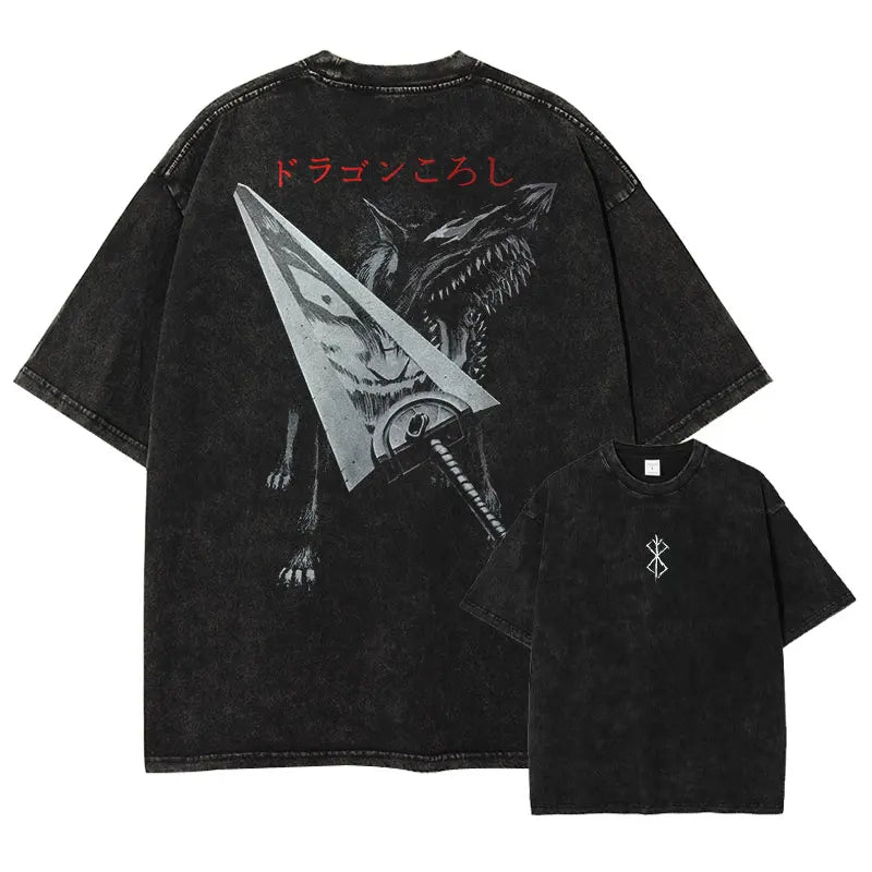 Berserk T-shirts Oversized Vintage Washed Short Sleeve Retro Manga Tops