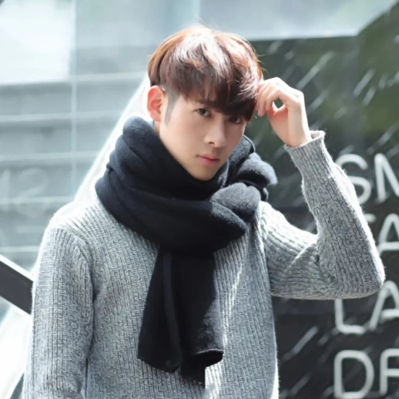 Thick Knitted Scarf  Simple Solid Color Scarf Men's Warm Neckerchief