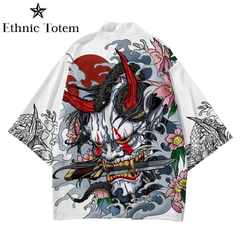 Men Demon Dragon Pattern Printed Kimono Cardigan Japanese Traditional Cloak
